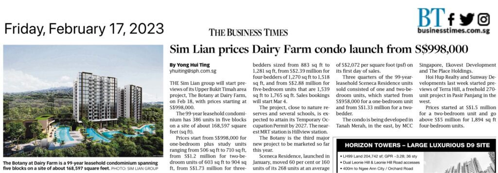 The Botany at Dairy Farm Launch Price